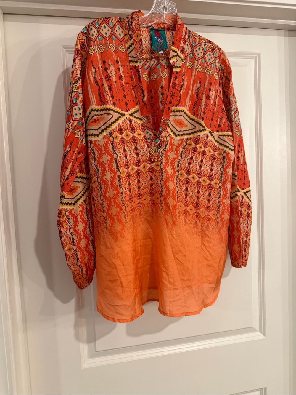 Johnny Was Orange Patterned V-Neck Blouse
